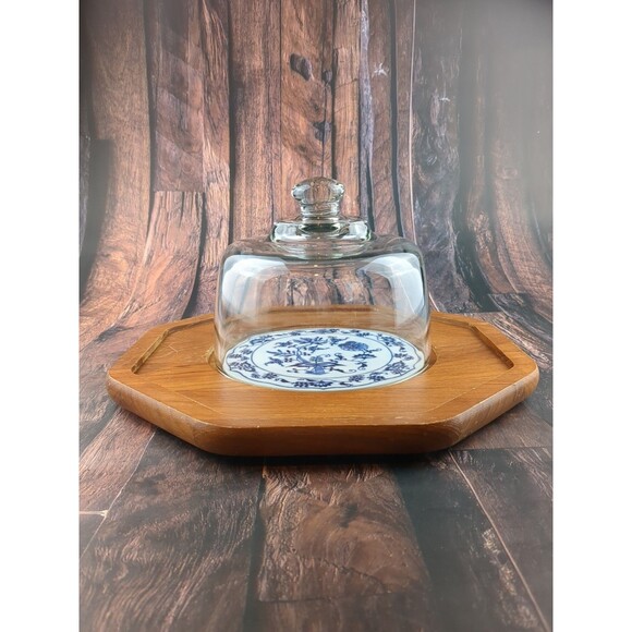 Rustic Coastal Teak Wood Charcuterie Tray Glass Cloche Blue Tile Hexagon VTG - Picture 1 of 9